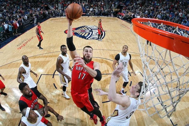 NEW ORLEANS, LA - FEBRUARY 23: Jonas Valanciunas #17 of the Toronto Raptors shoots against the New Orleans Pelicans during the game on February 23, 2015 at Smoothie King Center in New Orleans, Louisiana. NOTE TO USER: User expressly acknowledges and agrees that, by downloading and/or using this photograph, User is consenting to the terms and conditions of the Getty Images License Agreement. Mandatory Copyright Notice: Copyright 2015 NBAE (Photo by Layne Murdoch Jr./NBAE via Getty Images)