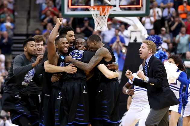 JACKSONVILLE, FL - MARCH 19:  The Georgia State Panthers celebrate after the Panthers win 57-56 against the Baylor Bears in the second round of the 2015 NCAA Men's Basketball Tournament at Jacksonville Veterans Memorial Arena on March 19, 2015 in Jacksonville, Florida.  (Photo by Mike Ehrmann/Getty Images)