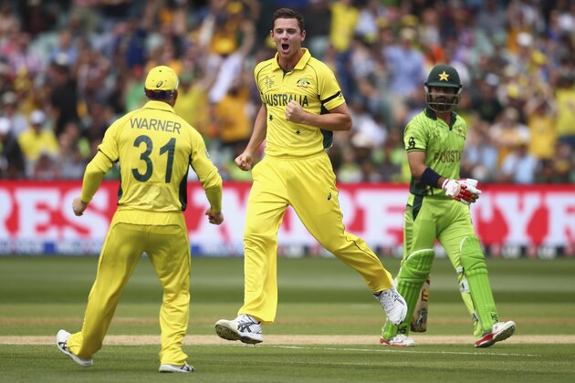 ADELAIDE, AUSTRALIA - MARCH 20:  Josh Hazlewood of Australia celebrates after taking the wicket of Ahmed Shehzad of Pakistan  during the 2015 ICC Cricket World Cup match between Australian and Pakistan at Adelaide Oval on March 20, 2015 in Adelaide, Australia.  (Photo by Ryan Pierse/Getty Images)