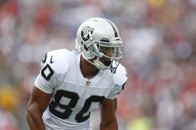Oakland Raiders wide receiver Rod Streater (80) lines up before the play during an NFL game against the New England Patriots at Gillette Stadium in Foxborough, Mass. on Sunday, Sept. 21, 2014 . (Chris Keane/AP Images for Panini)