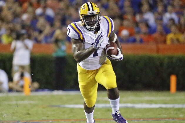 LSU running back Leonard Fournette runs against Florida during the first half of an NCAA college football game in Gainesville, Fla., Saturday, Oct. 11, 2014. (AP Photo/John Raoux)