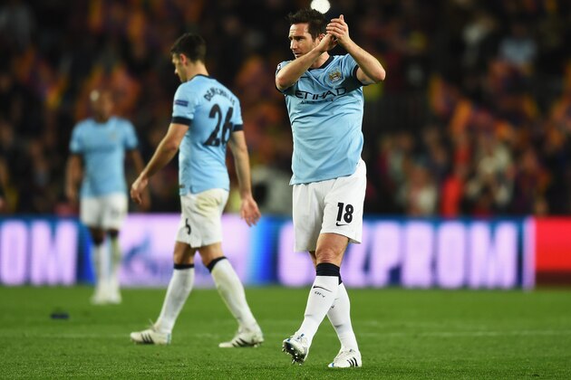 BARCELONA, SPAIN - MARCH 18: Frank Lampard of Manchester City applauds the fans after the UEFA Champions League Round of 16 second leg match between Barcelona and Manchester City at Camp Nou on March 18, 2015 in Barcelona, Spain.  (Photo by Michael Regan/Getty Images)