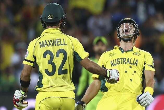 ADELAIDE, AUSTRALIA - MARCH 20:  Shane Watson and Glenn Maxwell of Australia celebrate victory during the 2015 ICC Cricket World Cup match between Australian and Pakistan at Adelaide Oval on March 20, 2015 in Adelaide, Australia.  (Photo by Ryan Pierse/Getty Images)