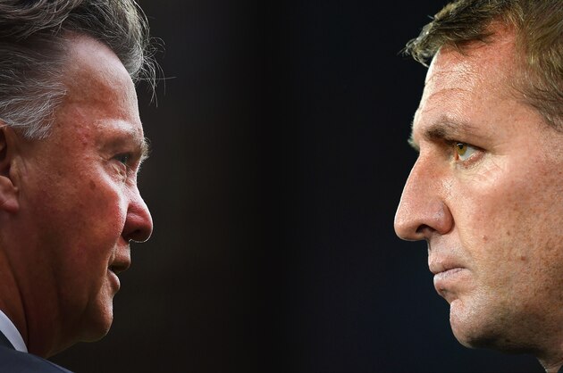 CURATED FILE PHOTO - (Image numbers 454075476 (L) and 456472318) In this composite image a comparision has been made between Louis van Gaal (L) Manager of Manchester United and Brendan Rodgers, manager of Liverpool. Liverpool meet Manchester United in a Premier League match on March 22, 2015 at Anfield in Liverpool,England.  ***LEFT IMAGE***  SUNDERLAND, ENGLAND - AUGUST 24: Manager Louis van Gaal of Manchester United looks on prior to the Barclays Premier League match between Sunderland and Manchester United at Stadium of Light on August 24, 2014 in Sunderland, England. (Photo by Laurence Griffiths/Getty Images) ***RIGHT IMAGE***  BASEL, SWITZERLAND - OCTOBER 01: Brendan Rodgers, manager of Liverpool looks on during the UEFA Champions League Group B match between FC Basel 1893 and Liverpool FC at St. Jakob Stadium on October 1, 2014 in Basel, Switzerland. (Photo by Jamie McDonald/Getty Images)