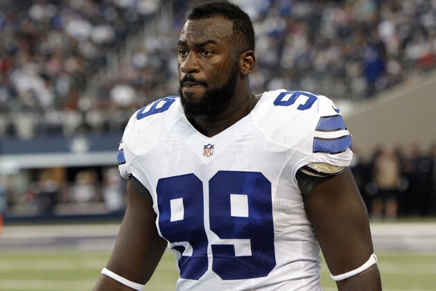 Dallas Cowboys defensive end George Selvie (99) walks along the sideline during the second half of an NFL football game against the New York Giants, Sunday, Oct.  19, 2014, in Arlington, Texas. (AP Photo/Brandon Wade)