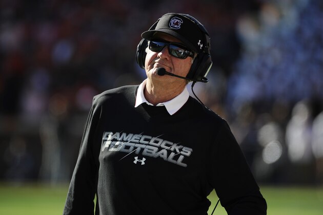 South Carolina head coach Steve Spurrier looks on from the sideline during the first half of an NCAA college football game against Clemson, Saturday, Nov. 29, 2014, in Clemson, S.C. (AP Photo/Rainier Ehrhardt)
