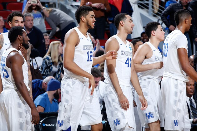 LOUISVILLE, KY - MARCH 19: The Kentucky Wildcats bench reacts after defeating the Hampton Pirates 79-56 during the second round of the 2015 NCAA Men's Basketball Tournament at the KFC YUM! Center on March 19, 2015 in Louisville, Kentucky.  (Photo by Joe Robbins/Getty Images)