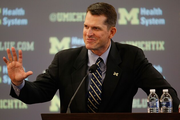 ANN ARBOR, MI - DECEMBER 30:  Jim Harbaugh speaks as he is introduced as the new Head Coach of the University of Michigan football team at the Junge Family Champions Center on December 30, 2014 in Ann Arbor, Michigan.  (Photo by Gregory Shamus/Getty Images)