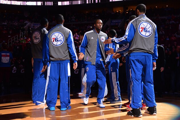 PHILADELPHIA, PA - MARCH 21: Tony Wroten #8 of the Philadelphia 76ers gets introduced before a game against the New York Knicks at the Wells Fargo Center on March 21, 2014 in Philadelphia, Pennsylvania. NOTE TO USER: User expressly acknowledges and agrees that, by downloading and or using this photograph, User is consenting to the terms and conditions of the Getty Images License Agreement. Mandatory Copyright Notice: Copyright 2014 NBAE (Photo by Jesse D. Garrabrant/NBAE via Getty Images)