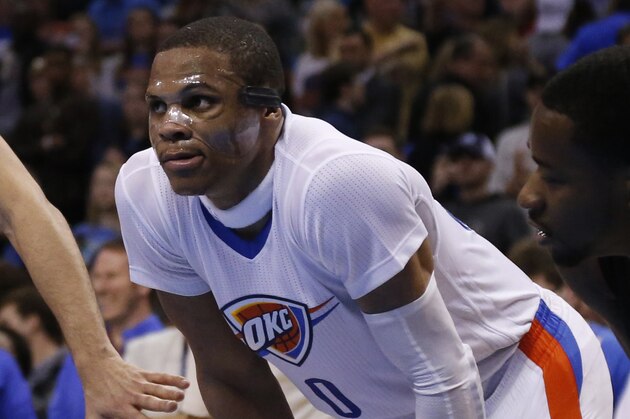 Oklahoma City Thunder guard Russell Westbrook (0) is pictured during an NBA basketball game between the Toronto Raptors and the Oklahoma City Thunder in Oklahoma City, Sunday, March 8, 2015. (AP Photo/Sue Ogrocki)