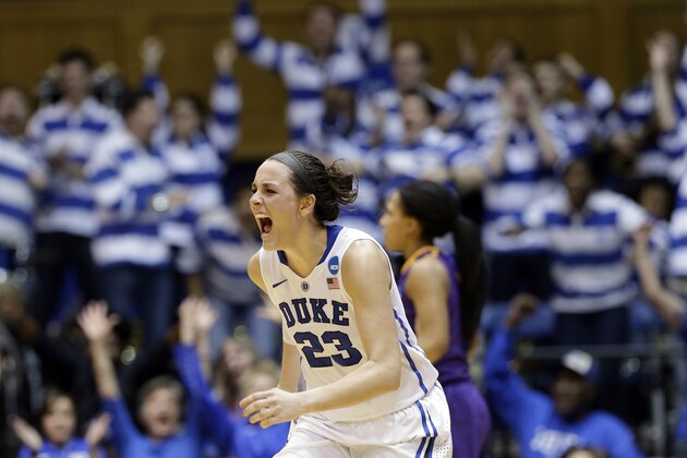 Duke's Rebecca Greenwell shouts following her 3-point basket to take the lead against Albany late in the second half of a women's college basketball game in the first round of the NCAA tournament in Durham, N.C., Friday, March 20, 2015. Duke won 54-52. (AP Photo/Gerry Broome)
