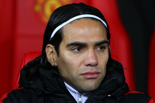 MANCHESTER, ENGLAND - DECEMBER 02:  Radamel Falcao of Manchester United looks on fronm the bench piror to the Barclays Premier League match between Manchester United and Stoke City at Old Trafford on December 2, 2014 in Manchester, England.  (Photo by Alex Livesey/Getty Images)