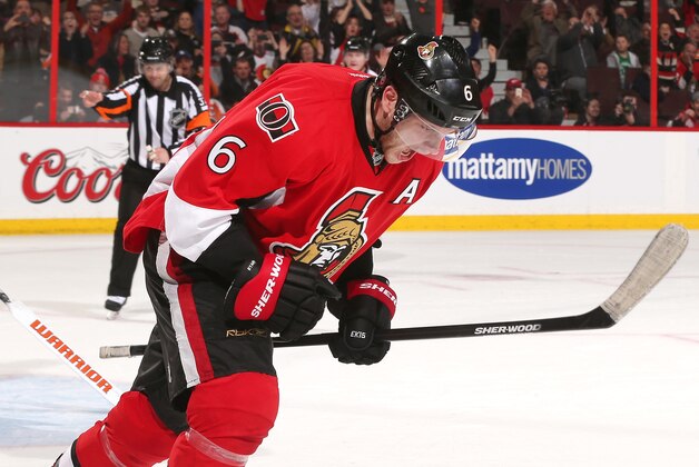 OTTAWA, ON - MARCH 15: Bobby Ryan #6 of the Ottawa Senators celebrates his shootout winning goal against Ray Emery #29 of the Philadelphia Flyers at Canadian Tire Centre on March 15, 2015 in Ottawa, Ontario, Canada.  (Photo by Andre Ringuette/NHLI via Getty Images)