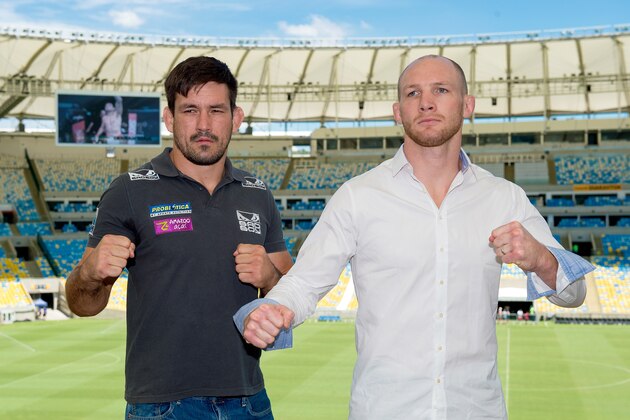 RIO DE JANEIRO, BRAZIL - FEBRUARY 10:  Opponents Demian Maia of Brazil (L) and Ryan Laflare of the United States pose for a photo during the UFC Rio Open Workouts at Maracana Stadium on February 10, 2015 in Rio de Janeiro, Brazil.  (Photo by Buda Mendes/Getty Images)