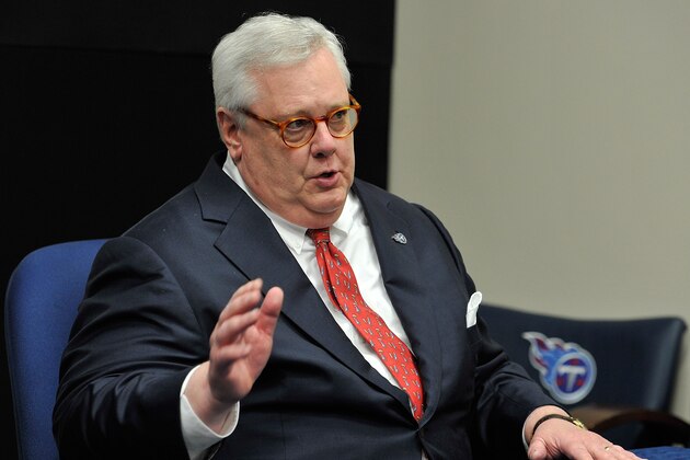 NASHVILLE, TN - JANUARY 14:  President/CEO Tommy Smith of the Tennessee Titans addresses the media at the Saint Thomas Sports Park on January 14, 2014 in Nashville, Tennessee.  (Photo by Frederick Breedon/Getty Images)