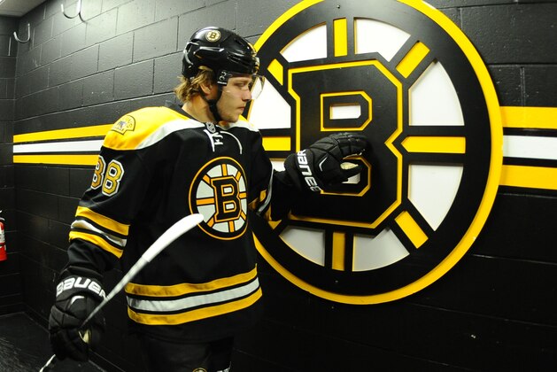 BOSTON, MA - MARCH 12: David Pastrnak #88 of the Boston Bruins before the game against the Tampa Bay Lightning at the TD Garden on March 12, 2015 in Boston, Massachusetts.  (Photo by Steve Babineau/NHLI via Getty Images)