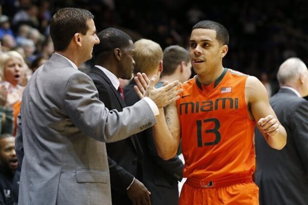 CORRECTS YEAR - Miami's Angel Rodriguez is congratulated after coming off of the court during the second half of an NCAA college basketball game against Duke on Tuesday, Jan. 13, 2015, in Durham, N.C. (AP Photo/Ellen Ozier)