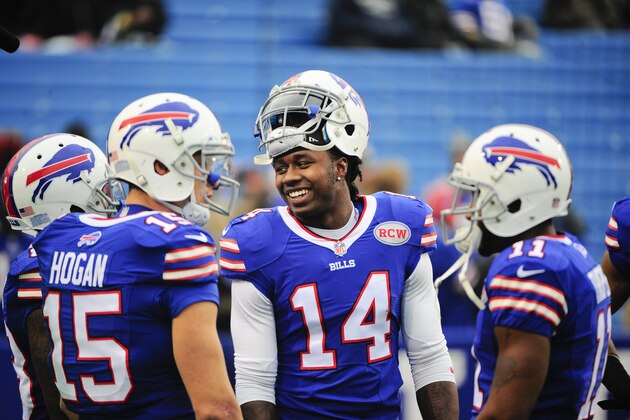 Buffalo Bills wide receiver Sammy Watkins (14) talks with teammates  before an NFL football game against the Green Bay Packers Sunday, Dec. 14, 2014, in Orchard Park, N.Y.  (AP Photo/Gary Wiepert)