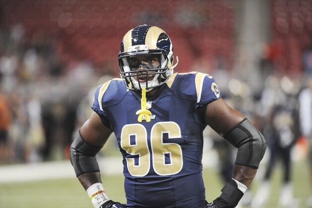 St. Louis Rams defensive end Michael Sam (96) warms up before a preseason NFL football game Friday, Aug. 8, 2014, in St. Louis. (AP Photo/L.G. Patterson)