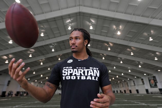Cornerback Trae Waynes poses after Michigan State NFL football pro day in East Lansing, Mich., Wednesday, March 18, 2015. (AP Photo/Paul Sancya)