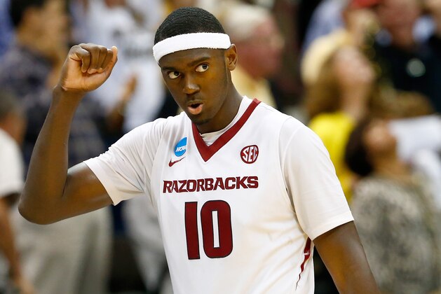 JACKSONVILLE, FL - MARCH 19:  Bobby Portis #10 of the Arkansas Razorbacks reacts after defeating the Wofford Terriers 56-53 during the second round of the 2015 NCAA Men's Basketball Tournament at Jacksonville Veterans Memorial Arena on March 19, 2015 in Jacksonville, Florida.  (Photo by Kevin C. Cox/Getty Images)