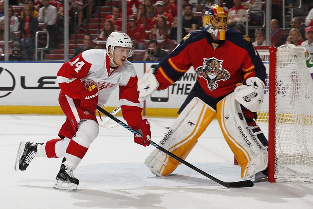 SUNRISE, FL - MARCH 19: Goaltender Roberto Luongo #1 of the Florida Panthers looks into the corner as Gustav Nyquist #14 of the Detroit Red Wings chases the puck at the BB&T Center on March 19, 2015 in Sunrise, Florida. The Panthers defeated the Red Wings 3-1. (Photo by Joel Auerbach/Getty Images)