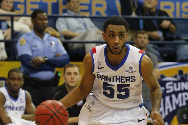 Georgia State guard Ryan Harrow (55) in the second half of an NCAA college basketball game against Louisiana Lafayette for the Sun Belt Conference tournament championship in New Orleans, Sunday, March 16, 2014. University of Lafayette defeated Georgia State 82-81. (AP Photo/Bill Haber)