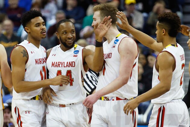 COLUMBUS, OH - MARCH 20:  Jared Nickens #11, Dez Wells #44, Evan Smotrycz #1, and Melo Trimble #2 of the Maryland Terrapins react during the second round of the Men's NCAA Basketball Tournament at Nationwide Arena on March 20, 2015 in Columbus, Ohio.  (Photo by Kirk Irwin/Getty Images)
