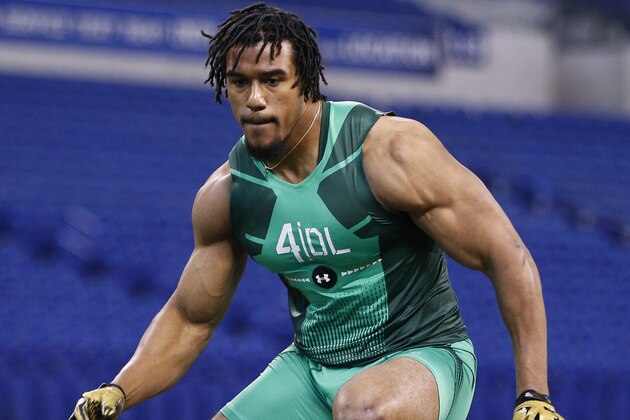 INDIANAPOLIS, IN - FEBRUARY 22: Defensive lineman Vic Beasley of Clemson competes during the 2015 NFL Scouting Combine at Lucas Oil Stadium on February 22, 2015 in Indianapolis, Indiana. (Photo by Joe Robbins/Getty Images)