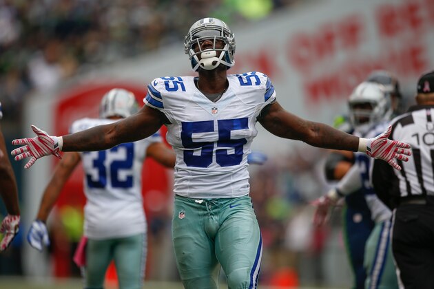 SEATTLE, WA - OCTOBER 12:  Linebacker Rolando McClain #55 of the Dallas Cowboys celebrates after tackling running back Marshawn Lynch of the Seattle Seahawks in the first half at CenturyLink Field on October 12, 2014 in Seattle, Washington. The Cowboys defeated the Seahawks 30-23. (Photo by Otto Greule Jr/Getty Images)