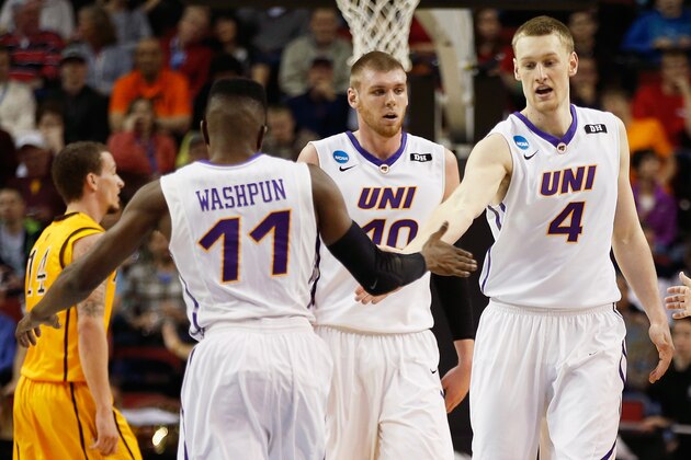 SEATTLE, WA - MARCH 20:  Paul Jesperson #4 reacts with teammate Wes Washpun #11 of the Northern Iowa Panthers during their game against the Wyoming Cowboys in the second round of the 2015 Men's NCAA Basketball Tournament at KeyArena on March 20, 2015 in Seattle, Washington.  (Photo by Ezra Shaw/Getty Images)