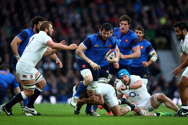 LONDON, ENGLAND - MARCH 21:  Loann Goujon of France is tackled by Chris Robshaw of England  during the RBS Six Nations match between England and France at Twickenham Stadium on March 21, 2015 in London, England.  (Photo by Michael Steele/Getty Images)