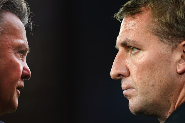 CURATED FILE PHOTO - (Image numbers 454075476 (L) and 456472318) In this composite image a comparision has been made between Louis van Gaal (L) Manager of Manchester United and Brendan Rodgers, manager of Liverpool. Liverpool meet Manchester United in a Premier League match on March 22, 2015 at Anfield in Liverpool,England.  ***LEFT IMAGE***  SUNDERLAND, ENGLAND - AUGUST 24: Manager Louis van Gaal of Manchester United looks on prior to the Barclays Premier League match between Sunderland and Manchester United at Stadium of Light on August 24, 2014 in Sunderland, England. (Photo by Laurence Griffiths/Getty Images) ***RIGHT IMAGE***  BASEL, SWITZERLAND - OCTOBER 01: Brendan Rodgers, manager of Liverpool looks on during the UEFA Champions League Group B match between FC Basel 1893 and Liverpool FC at St. Jakob Stadium on October 1, 2014 in Basel, Switzerland. (Photo by Jamie McDonald/Getty Images)