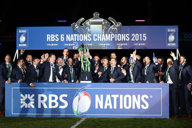 Ireland's players celebrate with the trophy after winning the  Six Nations rugby union international tournament at Murrayfield stadium, Edinburgh, Scotland, Saturday, March 21, 2015. (AP Photo/Scott Heppell)