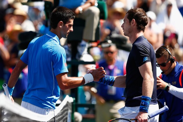 INDIAN WELLS, CA - MARCH 21:  Novak Djokovic of Serbia is congratulated by Andy Murray of Great Britain after Djokovic won in straight sets during day thirteen of the BNP Paribas Open tennis at the Indian Wells Tennis Garden on March 21, 2015 in Indian Wells, California.  (Photo by Julian Finney/Getty Images)