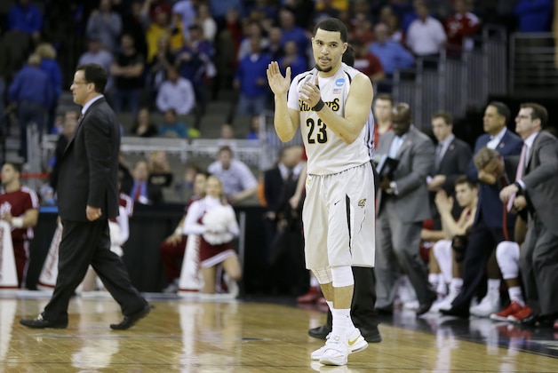 Wichita State guard Fred VanVleet reacts on the court after an NCAA tournament college basketball game against Indiana in the Round of 64, Friday, March 20, 2015, in Omaha, Neb. VanVleet scored 27 points Wichita State won 81-76. (AP Photo/Charlie Neibergall)