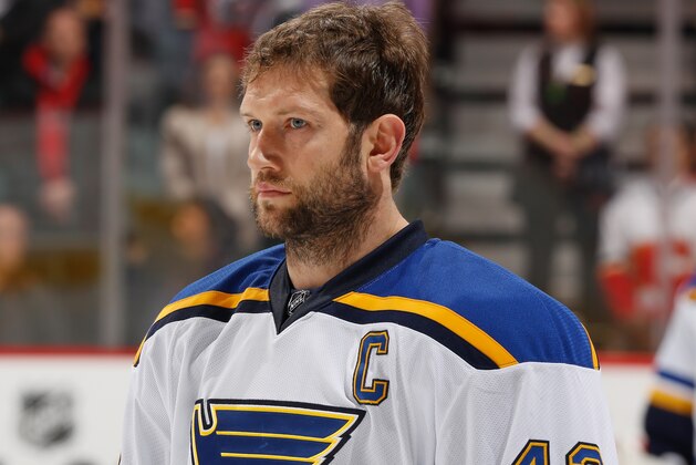 CALGARY, AB - MARCH 17: David Backes #42 of the St Louis Blues looks on during the national anthems prior to the game against the Calgary Flames at Scotiabank Saddledome on March 17, 2015 in Calgary, Alberta, Canada. (Photo by Gerry Thomas/NHLI via Getty Images)