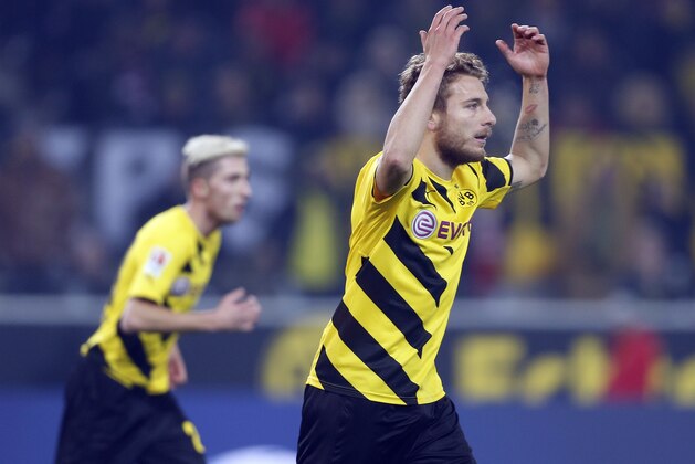 Dortmund's Ciro Immobile gestures during the German first division Bundesliga soccer match between BvB Borussia Dortmnd and 1.FC Cologne in Dortmund, Germany, Saturday, March 14, 2015. (AP Photo/Frank Augstein)