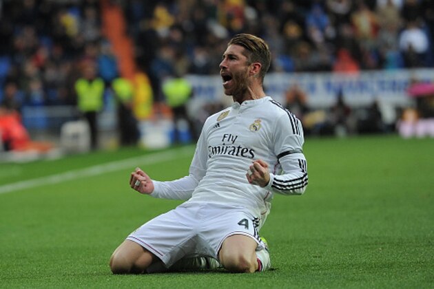 MADRID, SPAIN - JANUARY 31:  Sergio Ramos of Real Madrid celebrates after scoring Real's 2nd goal during the La Liga match between Real Madrid CF and Real Sociedad de Futbol at Estadio Santiago Bernabeu on January 31, 2015 in Madrid, Spain.  (Photo by Denis Doyle/Getty Images)