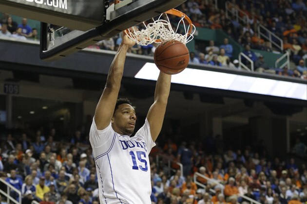 Duke's Jahlil Okafor (15) dunks against Notre Dame during the first half of an NCAA college basketball game in the semifinals of the Atlantic Coast Conference tournament in Greensboro, N.C., Friday, March 13, 2015. (AP Photo/Bob Leverone)