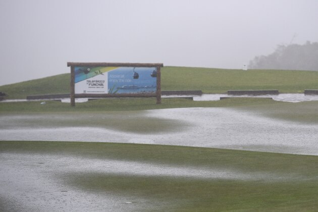 FUNCHAL, MADEIRA, PORTUGAL - MARCH 22: The fiest tee area and the putting green under water prior to the second and final round of the Madeira Islands Open at the Santo da Serra Golf Club in Santo da Serra on March 22, 2015 in Funchal, Madeira, Portugal.  (Photo by Ross Kinnaird/Getty Images)