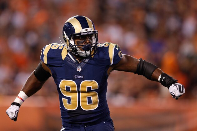 CLEVELAND, OH - AUGUST 23:  Michael Sam #96 of the St. Louis Rams reacts after sacking Johnny Manziel #2 of the Cleveland Browns during the fourth quarter at FirstEnergy Stadium on August 23, 2014 in Cleveland, Ohio.  (Photo by Joe Robbins/Getty Images)