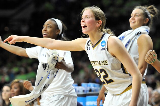 Notre Dame guard Madison Cable reacts to play in the second half of a women's college basketball game against Montana in the first round of the NCAA tournament in South Bend, Ind., Friday, March 20, 2015. Notre Dame won 77-43.  (AP Photo/Joe Raymond)