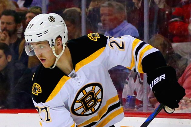 NEWARK, NJ - FEBRUARY 27: Dougie Hamilton #27 of the Boston Bruins skates against the New Jersey Devils during the game at the Prudential Center on February 27, 2015 in Newark, New Jersey. (Photo by Andy Marlin/NHLI via Getty Images)