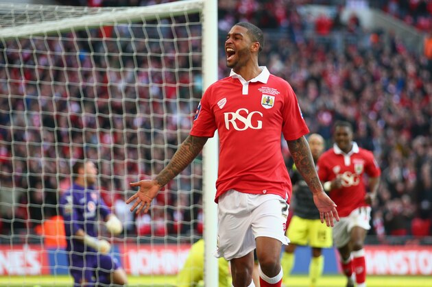 LONDON, ENGLAND - MARCH 22:  Mark Little of Bristol City celebrates scoring the second goal for Bristol City during the Johnstone's Paint Trophy Final between Bristol City and Walsall at Wembley Stadium on March 22, 2015 in London, England.  (Photo by Paul Gilham/Getty Images)