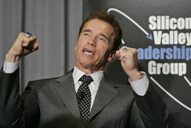 California Gov. Arnold Schwarzenegger speaks about his life as a bodybuilder and his relationship with his wife, Maria Shriver, during a speach to the Silicon Valley Leadership Group in San Jose, Calif. on Friday, Nov. 2, 2007. (AP Photo/Paul Sakuma)