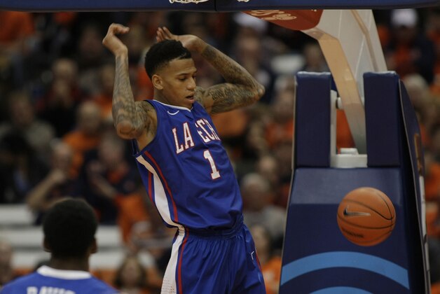 Louisiana Tech’s Michale Kyser jams in the second half of an NCAA college basketball game against Syracuse in Syracuse, N.Y., Sunday, Dec. 14, 2014. Syracuse won 71-69. (AP Photo/Nick Lisi)