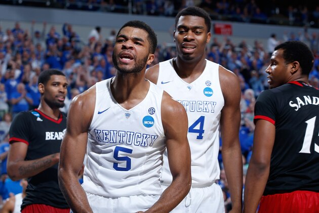 LOUISVILLE, KY - MARCH 21:  Andrew Harrison #5 of the Kentucky Wildcats reacts against the Cincinnati Bearcats during the third round of the 2015 NCAA Men's Basketball Tournament at KFC YUM! Center on March 21, 2015 in Louisville, Kentucky.  (Photo by Joe Robbins/Getty Images)
