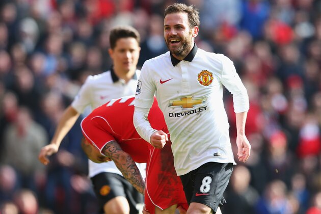 LIVERPOOL, ENGLAND - MARCH 22:  Juan Mata of Manchester United celebrates scoring his second goal during the Barclays Premier League match between Liverpool and Manchester United at Anfield on March 22, 2015 in Liverpool, England.  (Photo by Alex Livesey/Getty Images)
