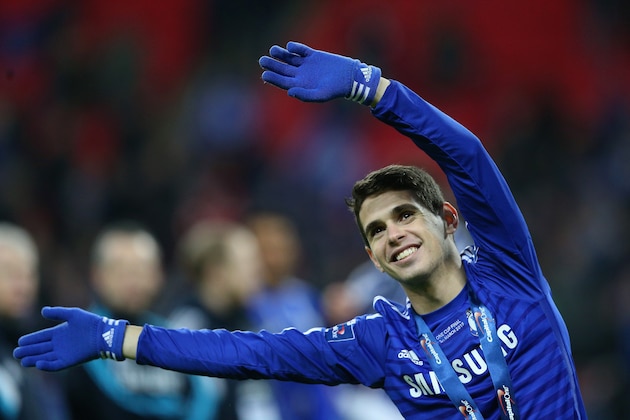 LONDON, ENGLAND - MARCH 01: Oscar of Chelsea celebrates after the Capital One Cup Final match between Chelsea and Tottenham Hotspur at Wembley Stadium on March 1, 2015 in London, England.  (Photo by Clive Mason/Getty Images)